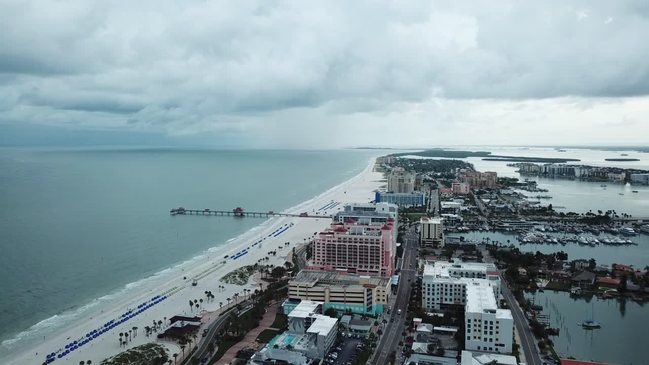 Cloudy Day, white sand, beach, hotels Clearwater Florida, aerial