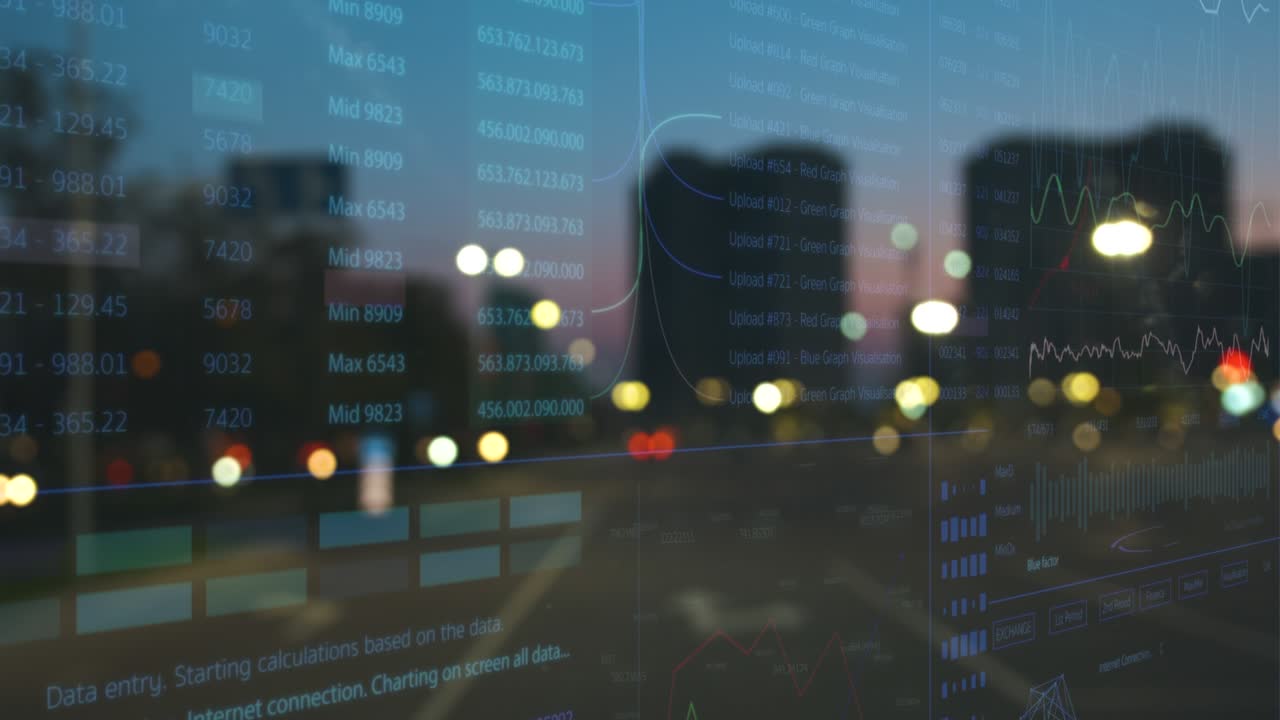 desenfocamiento de movimiento de las luces de la ciudad con capa de datos holográficos