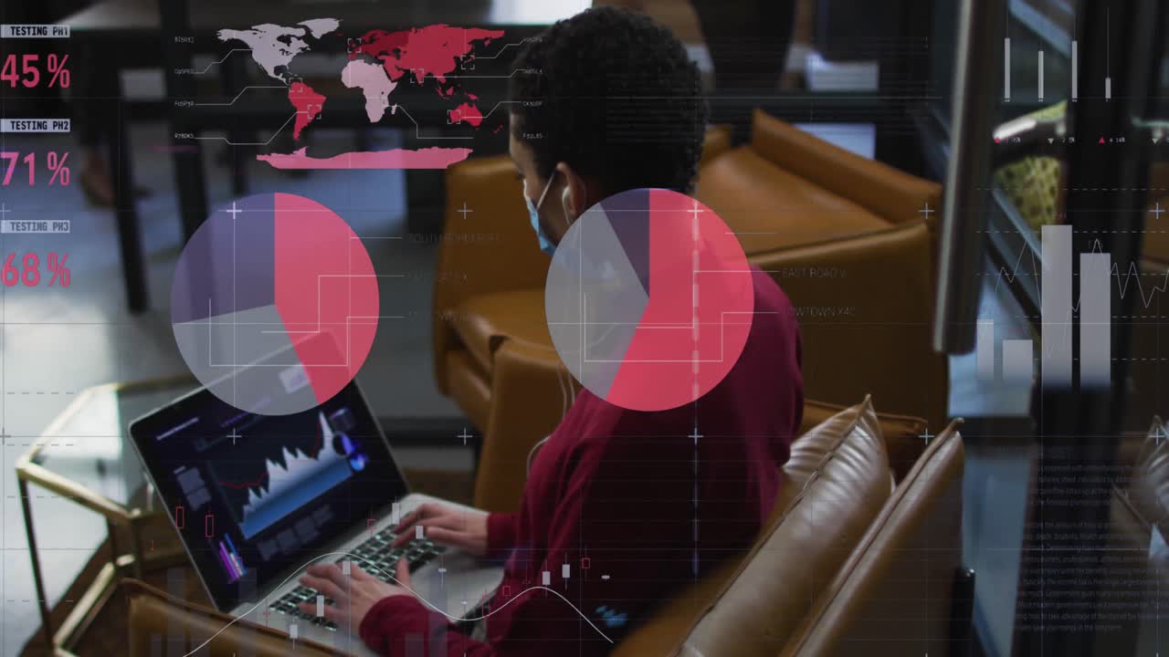 Statistical data processing against woman wearing face mask using laptop at office