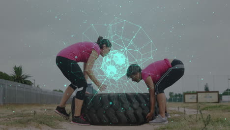 animación de formas y puntos sobre diversas mujeres en una pista de obstáculos que llevan neumáticos.
