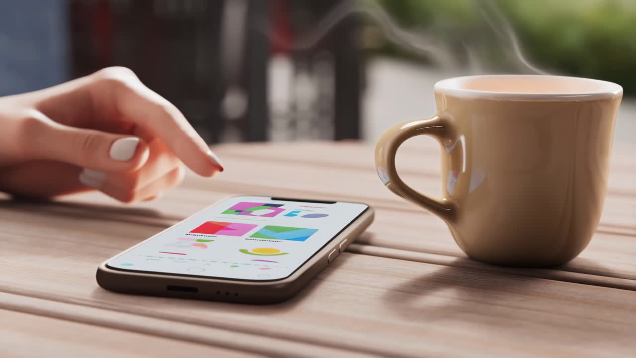 Person interacting with a smartphone next to a steaming coffee cup on a wooden table