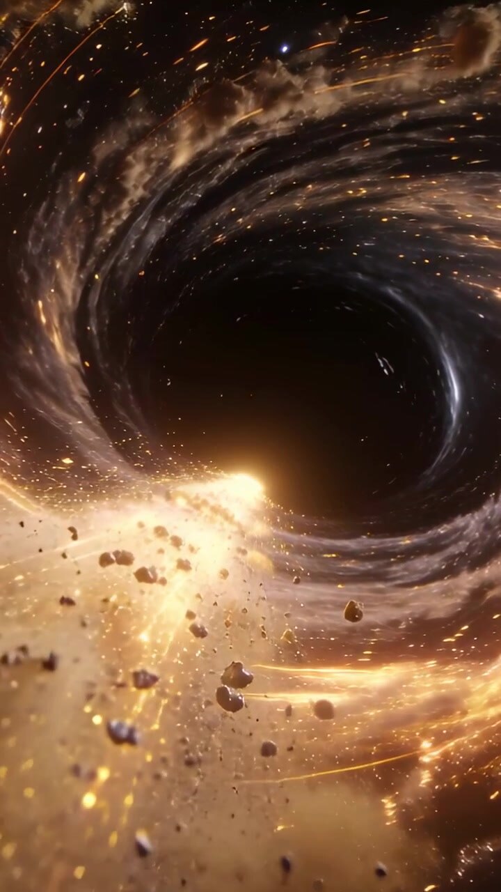 Vertical video: Rotating dark vortex in space pulling gas and asteroids inward, driven by gravity