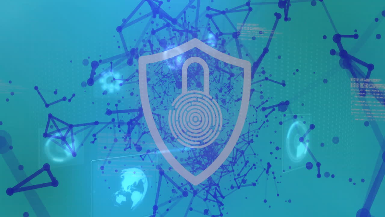 Abstract network illustration rotating over teal-green gradient, displaying 3D nodes and UI icons