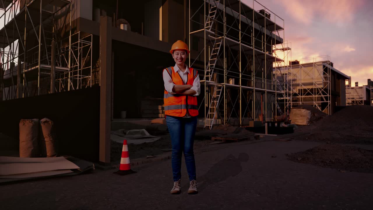 Full Body Of Asian Female Engineer With Safety Helmet Crossing Her Arms And Smiling To Camera While Standing At Construction Site in Progress to New House