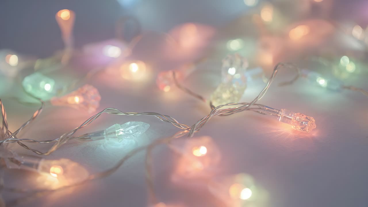 Shifting focus camera capturing pastel LED fairy lights on table with petal covers creating bokeh