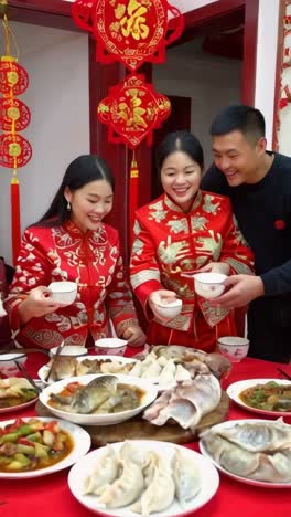 a close-up scene of a chinese family joyfully celebrating the lunar new year at a festive dinner.
