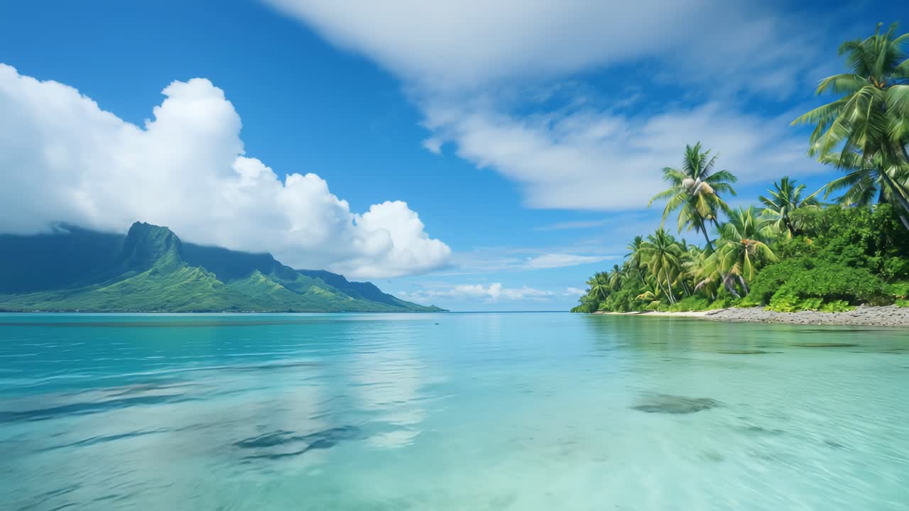 Tropical landscape showing Moorea island reflecting in the calm turquoise lagoon water under a blue sky with white clouds and palm trees on the right side