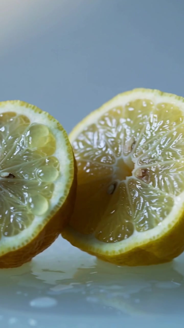 Video verticale: La telecamera si muove rivelando mezzi limoni lucidi su un set, mostrando brillantezza, semi e succo.