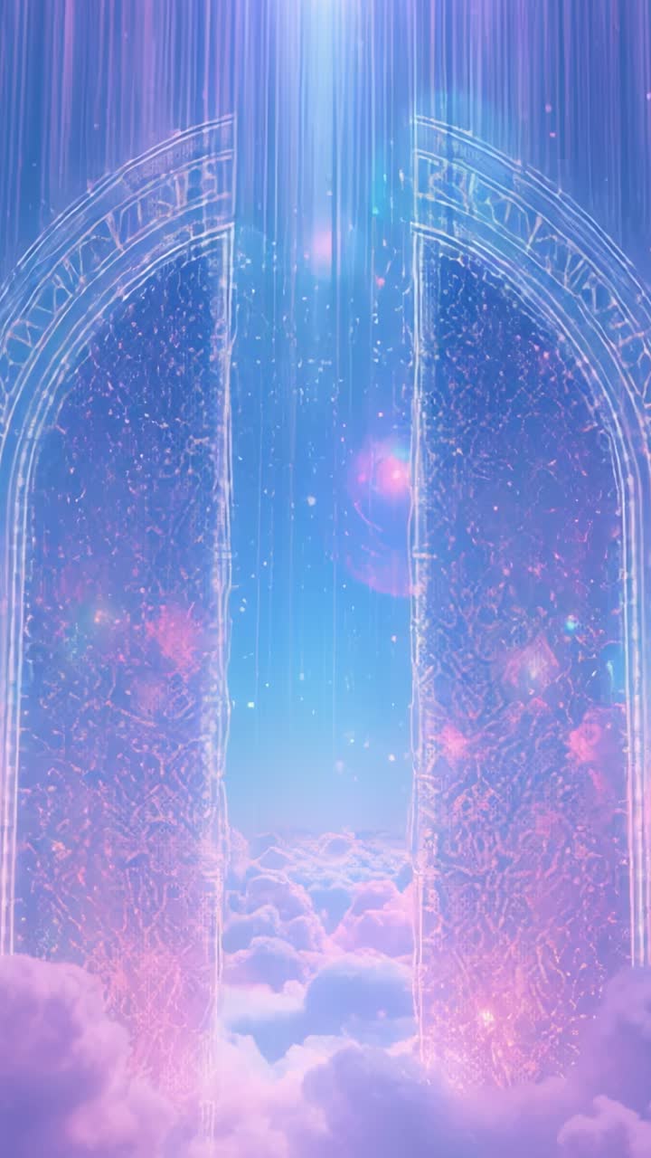 Vertical video: Materializing arched portal amid pink clouds, doors sliding open revealing blue sky