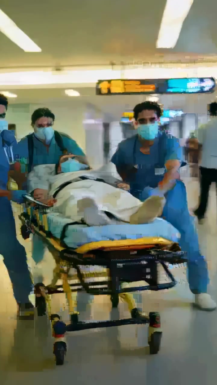 Video vertical: Paramédicos corriendo con uniformes azules empujando una camilla con un paciente con mascarilla por el pasillo para recibir atención.