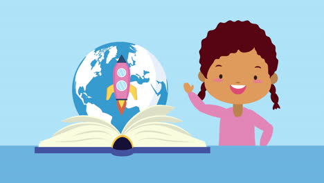 celebración del día mundial del libro con afro little girl y el planeta