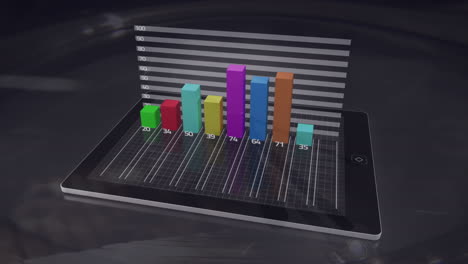 animación del procesamiento de datos estadísticos a través de una tableta digital contra personas que caminan por la calle
