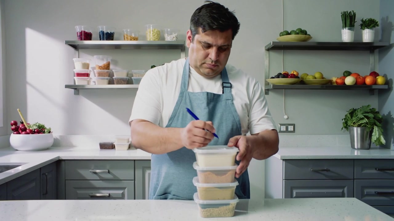 Homem de avental colocando e empilhando recipientes transparentes, rotulando as tampas com marcador na cozinha para armazenamento.