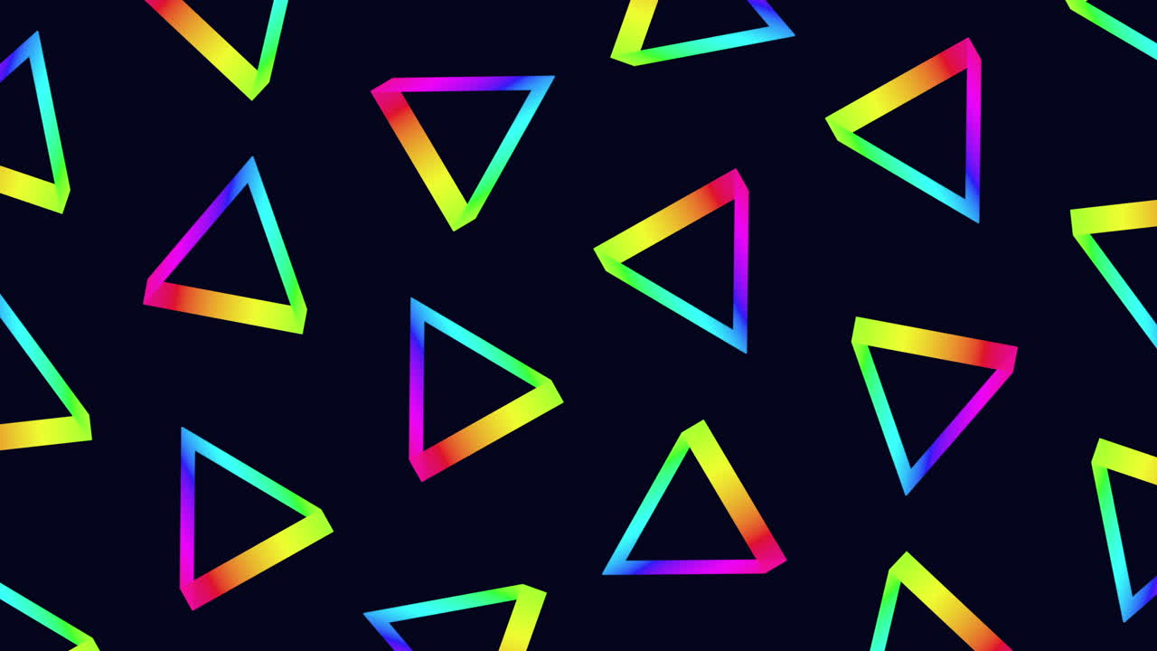 Colorful spinning triangles form a vibrant seamless pattern on a black backdrop. This dynamic design, featuring hues like pink, blue, green, yellow, and purple
