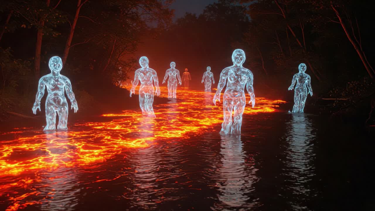 Surreal Figures Walking Through a Fiery Stream: A Breathtaking Display of Luminescence and Nature's Fury in an Enigmatic Landscape