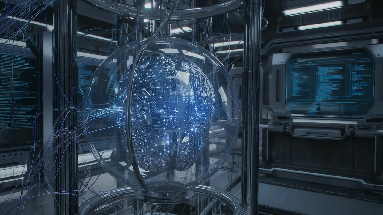 Flickering lights sending pulses into containment sphere at lab, neural network core activating