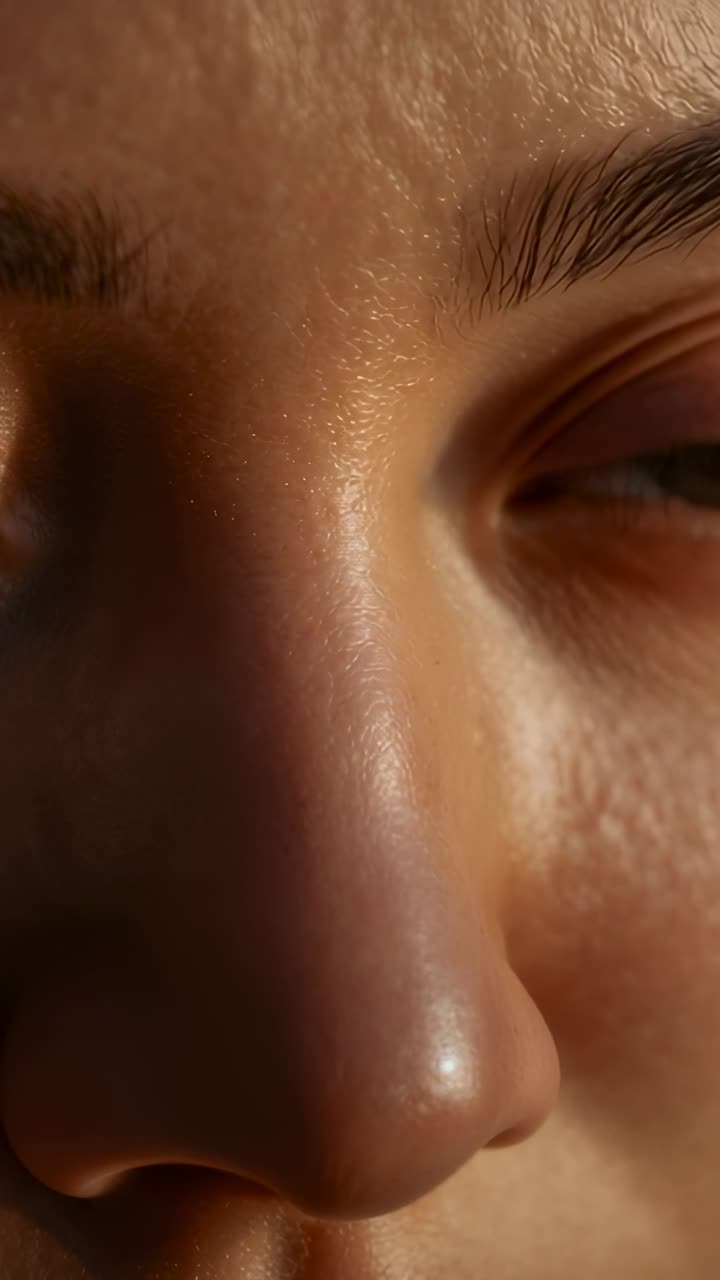 Vídeo vertical: primer plano de una mujer que abre el ojo derecho y desplaza la mirada hacia arriba a la izquierda en un estudio, nariz, iris