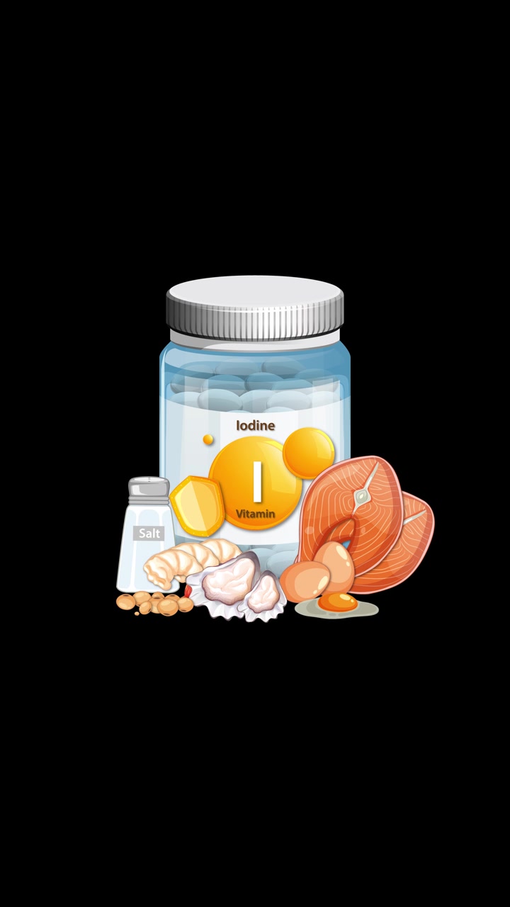 Iodine supplement bottle gradually surrounded by seafood, eggs, salt, and healthy food on black background