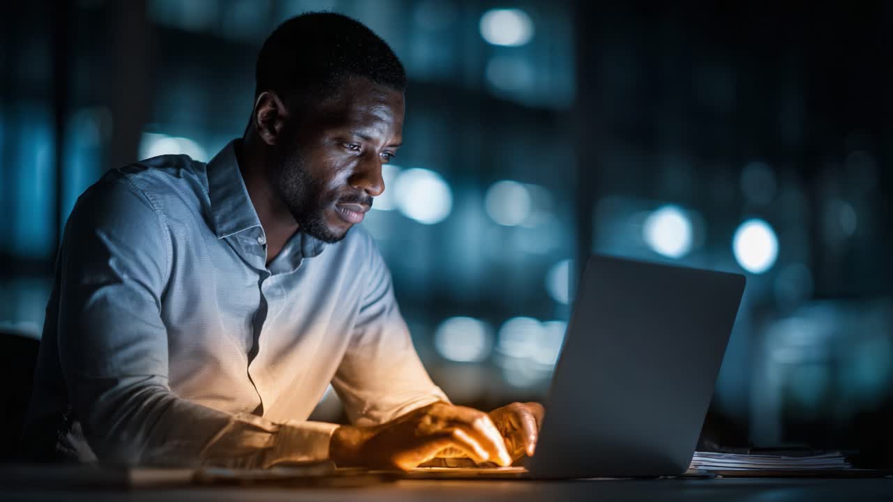 Focused Professional Working Late at Night on Laptop, Illuminated by Screen Light in a Modern Office Environment, Reflecting Concentration and Dedication to Task