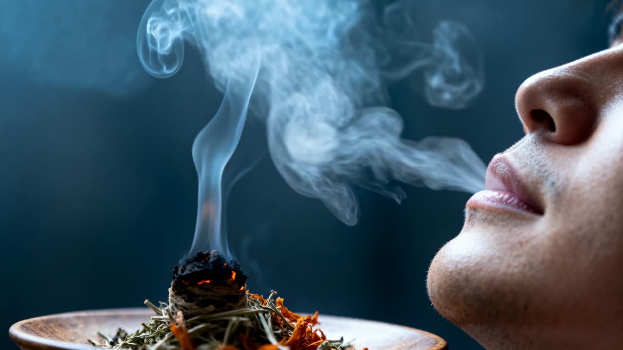 Homme adulte expirant soufflant doucement de la fumée d'un fagot d'herbes fumant dans un studio sombre, formant des volutes.