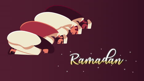 ramadan kareem lettering animation with muslim persons characters