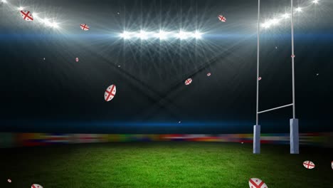 Animation-of-rugby-balls-coloured-with-flag-of-georgia-at-stadium