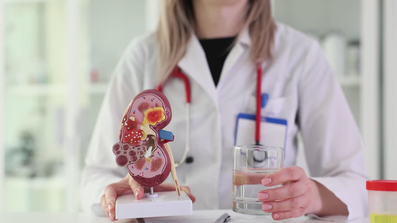 Medical professional holding a kidney model and glass of water, emphasizing kidney health and hydration