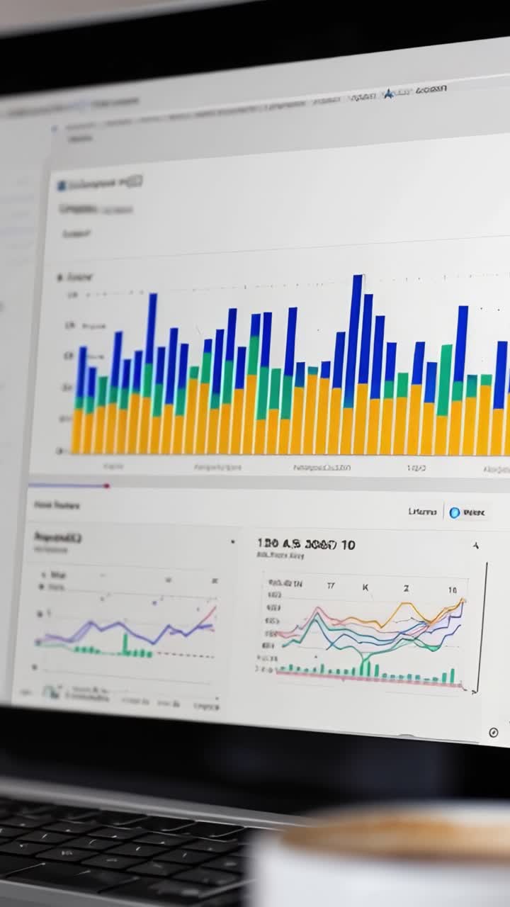 Analyse av komplekse datatrender og innsikt ved hjelp av grafiske fremstillinger på en bærbar skjerm omgitt av en kaffekopp og elementer fra arbeidsområdet
