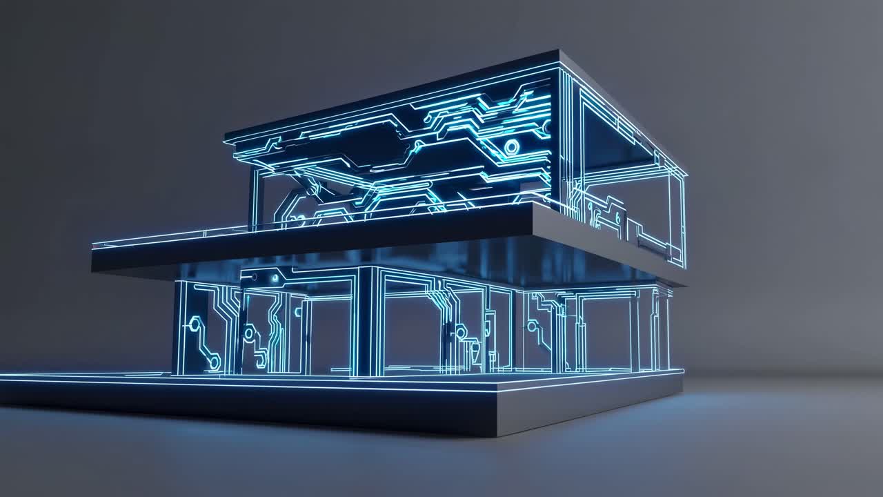 Futuristic digital house model with glowing circuit patterns, captured from a low-angle