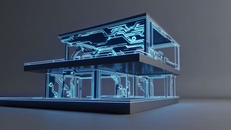 futuristic digital house model with glowing circuit patterns, captured from a low-angle