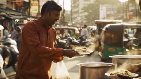 a street vendor in traditional attire offers steaming plates of food to customers as the sun sets, creating a warm and bustling atmosphere in the vibrant city market.