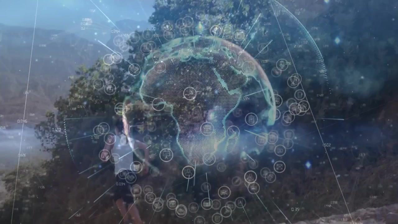Woman Running Outdoors with Digital Globe Overlay
