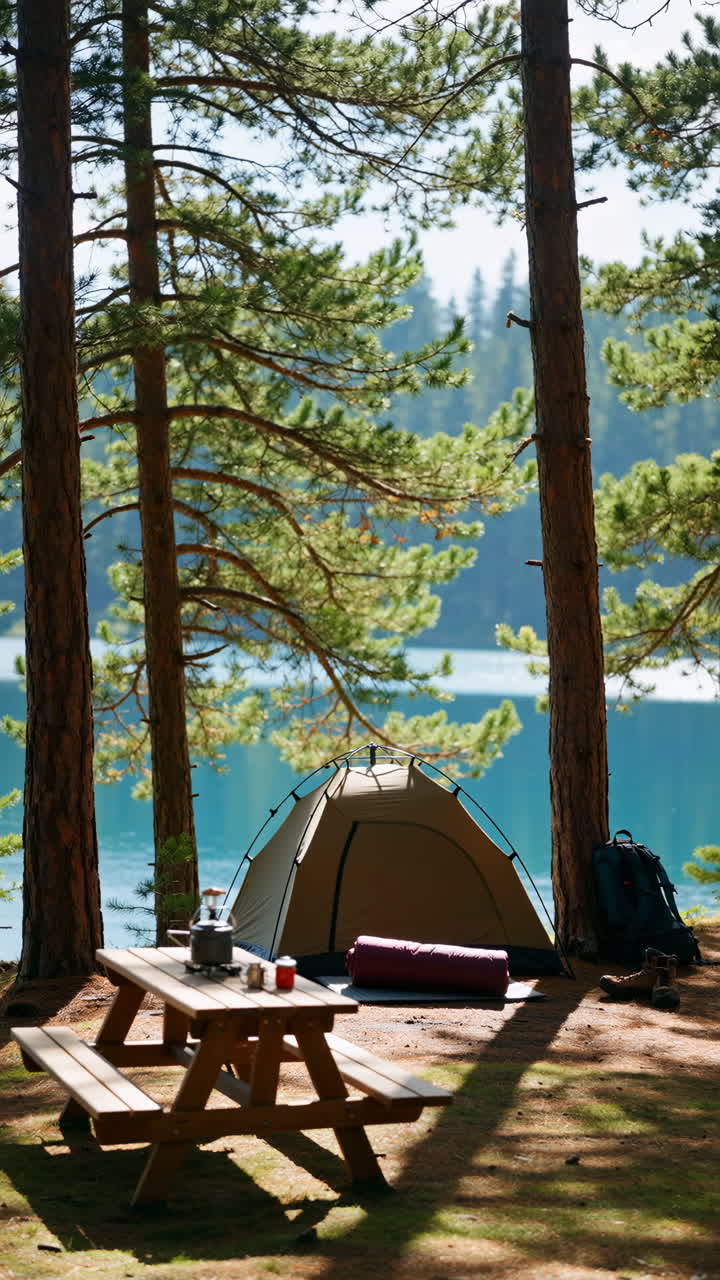Serene Lakeside Camping in a Pine Forest