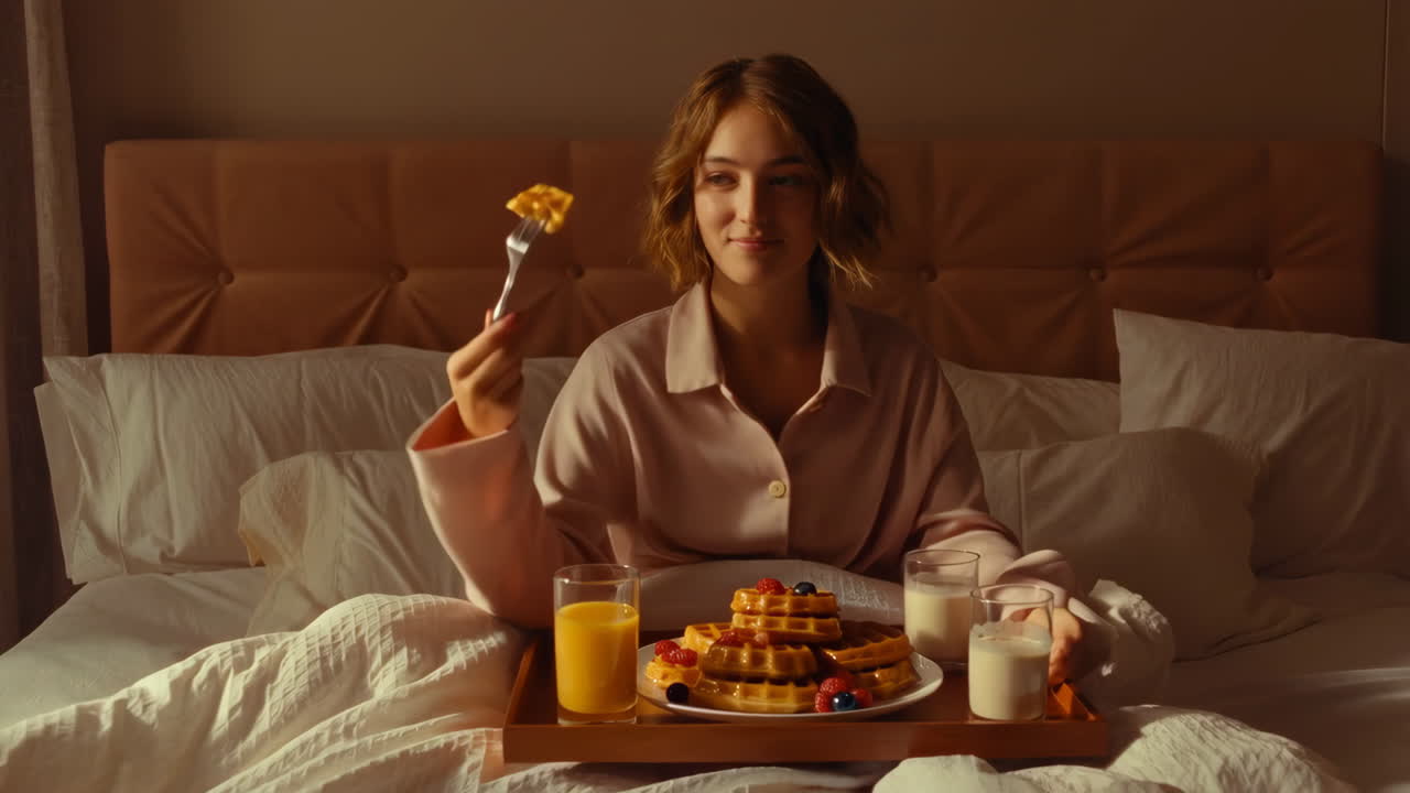 Woman eating waffles in bed
