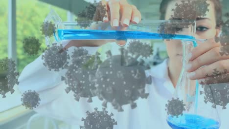 animación de células covid con un científico trabajando en el laboratorio