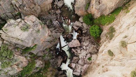 aerial drone shot of canyon rocks with a river weaving through.