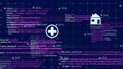 animazione di più icone con numeri mutevoli su linguaggio informatico su sfondo astratto.