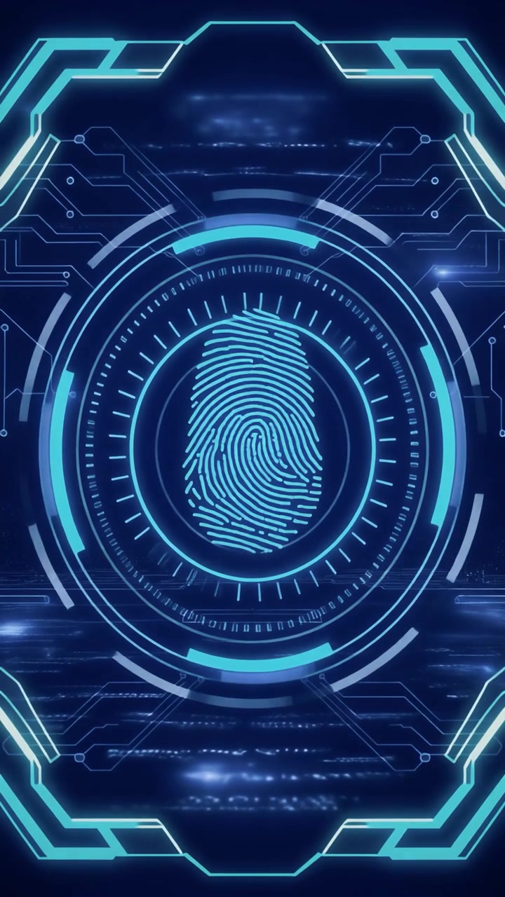 Digital Fingerprint Scanning Interface with Futuristic Circuitry Background