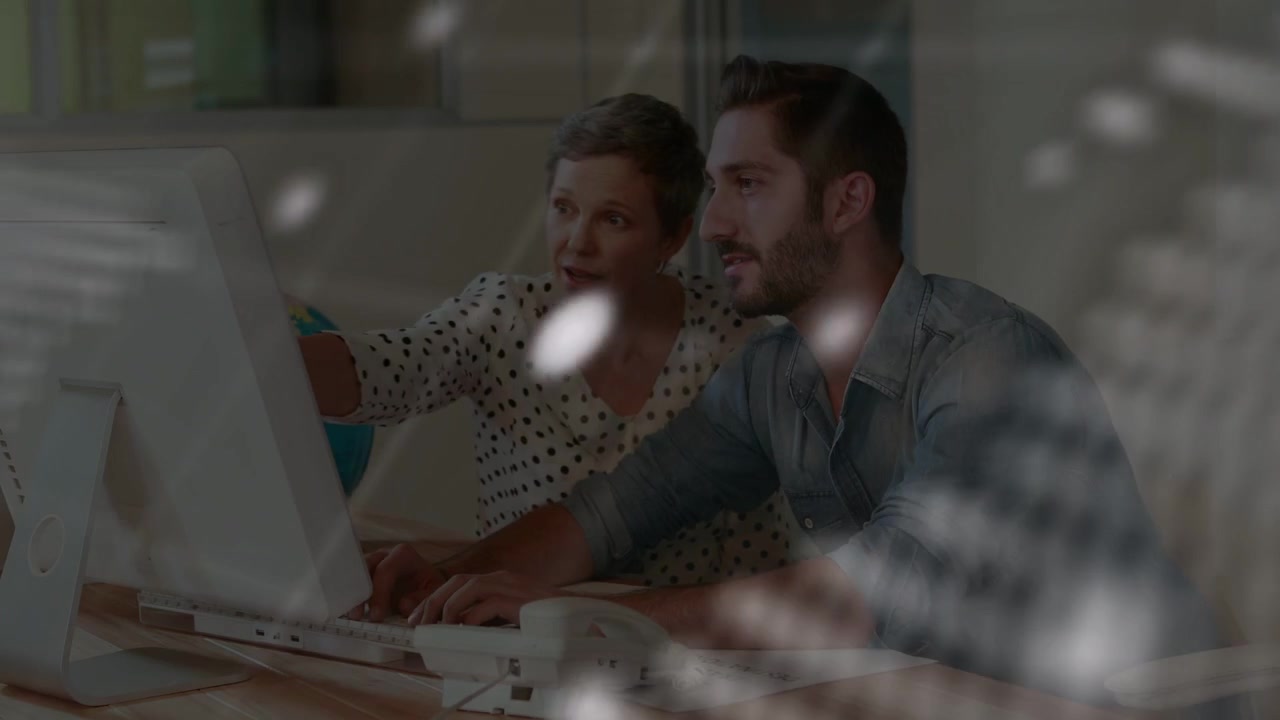 Woman pointing screen starting tech review, man typing while dot map, console rotating over screen