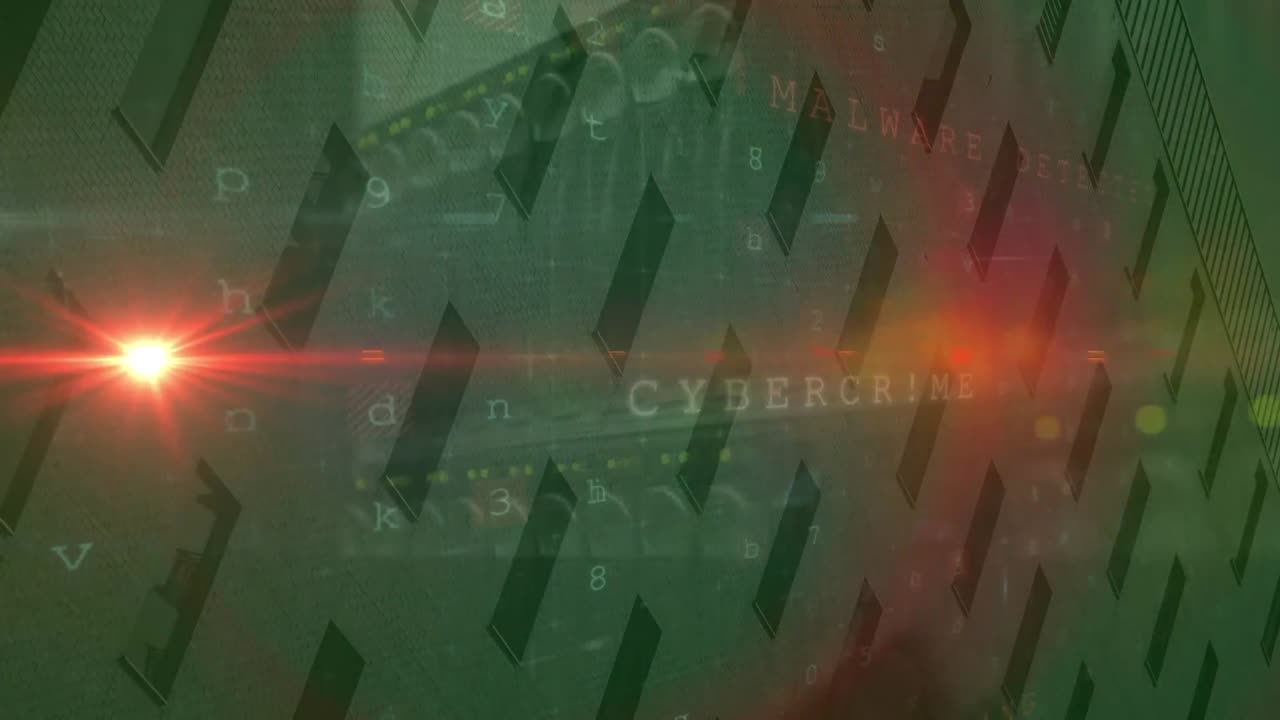 Animation of light trails with server and cyberattack warning over cityscape