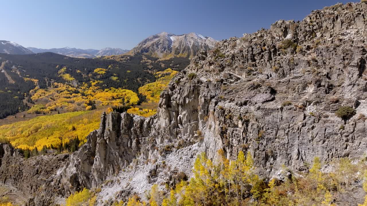Aerial views of Colorado's Ragged and Marcelina mountain ranges during the vibrant colorful fall season