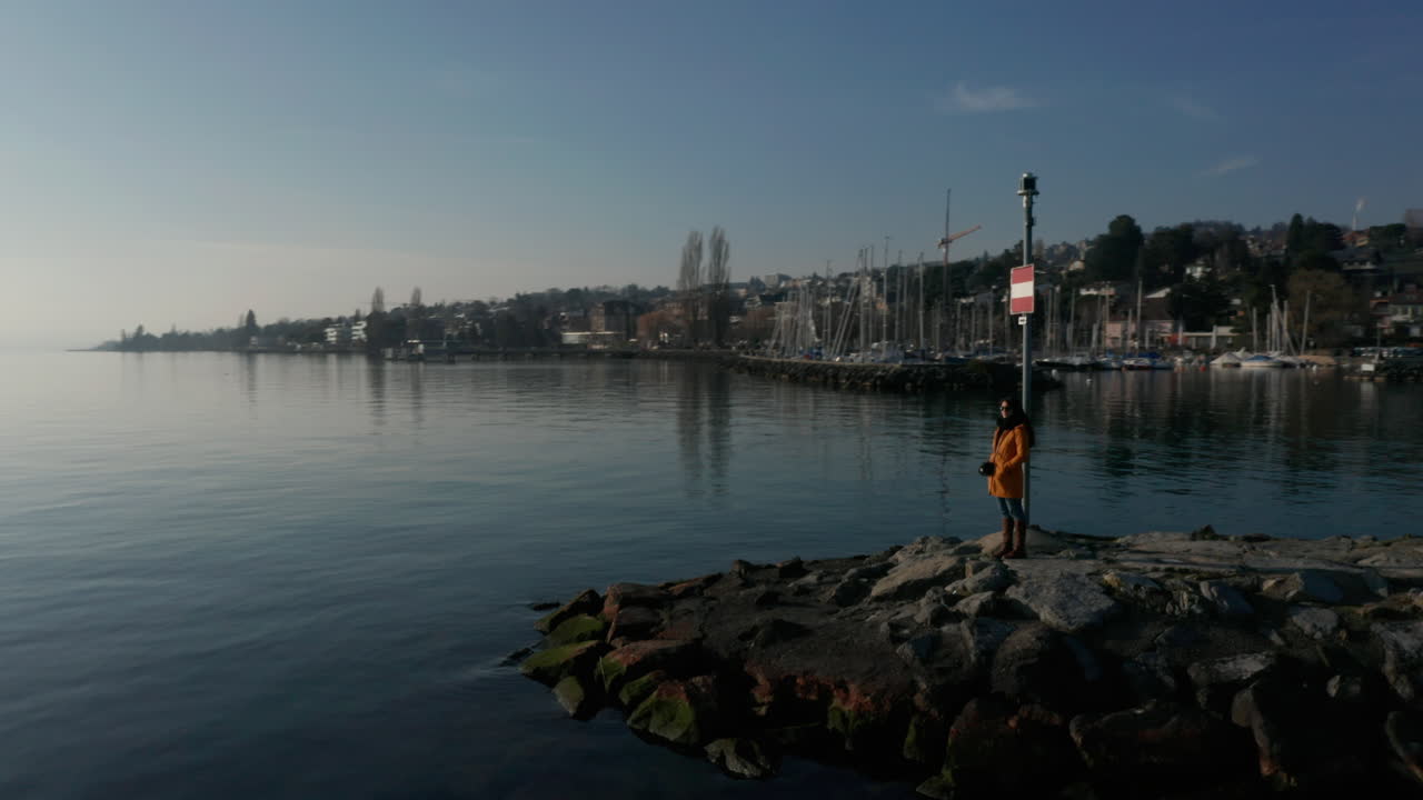Ripresa aerea di una donna che guarda un bellissimo lago