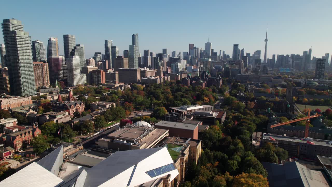 University of Toronto Campus and Royal Ontario Museum, aerial shot with downtown Toronto skyline, 4K