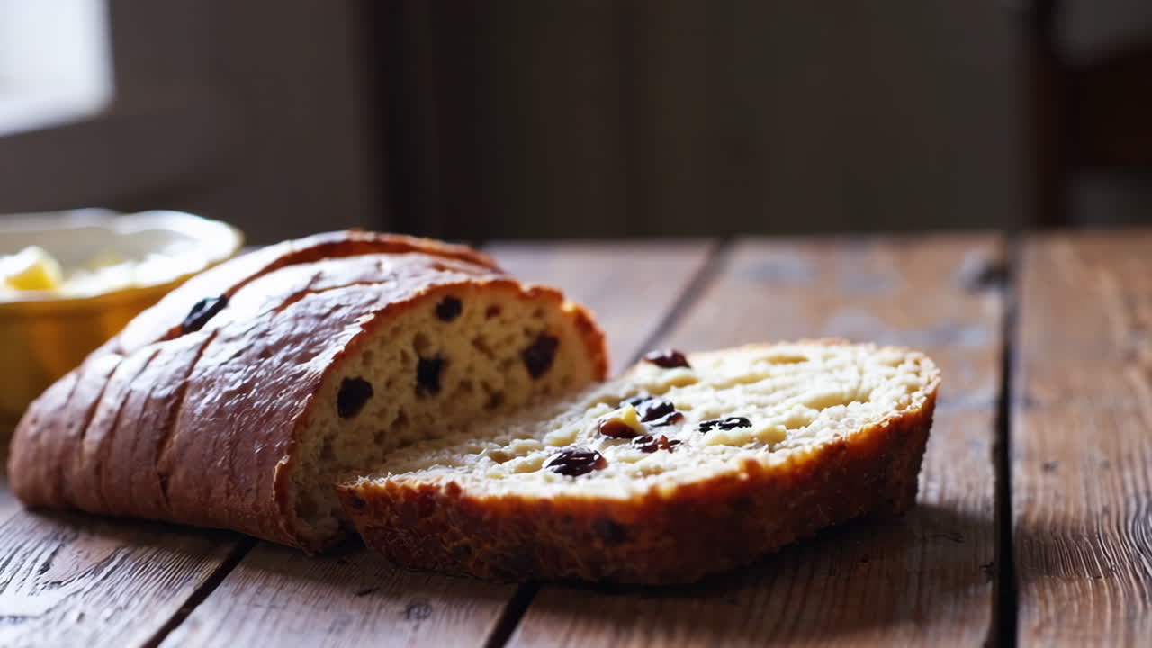 A hand taking a slice of homemade raisin bread