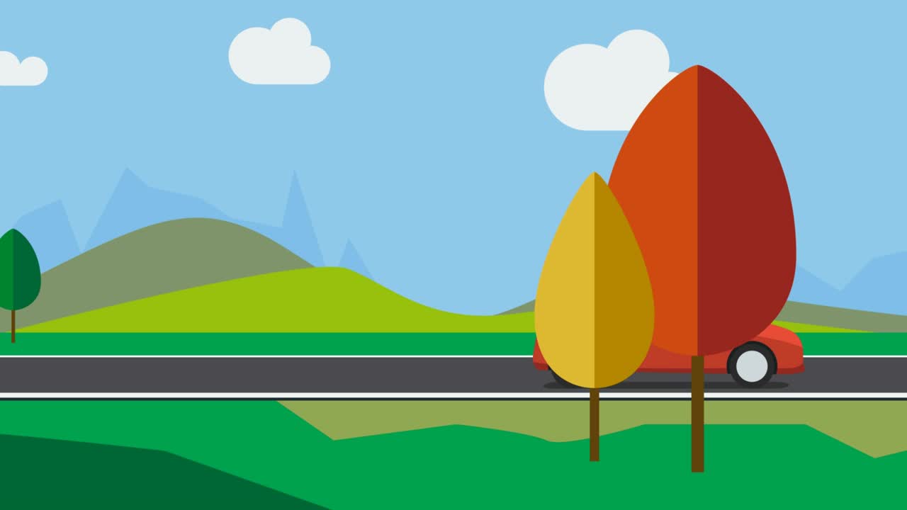 animación de coches contra el fondo del campo. animación 2d. colinas móviles y árboles de fondo. coche de dibujos animados. imágenes de bucle 4k