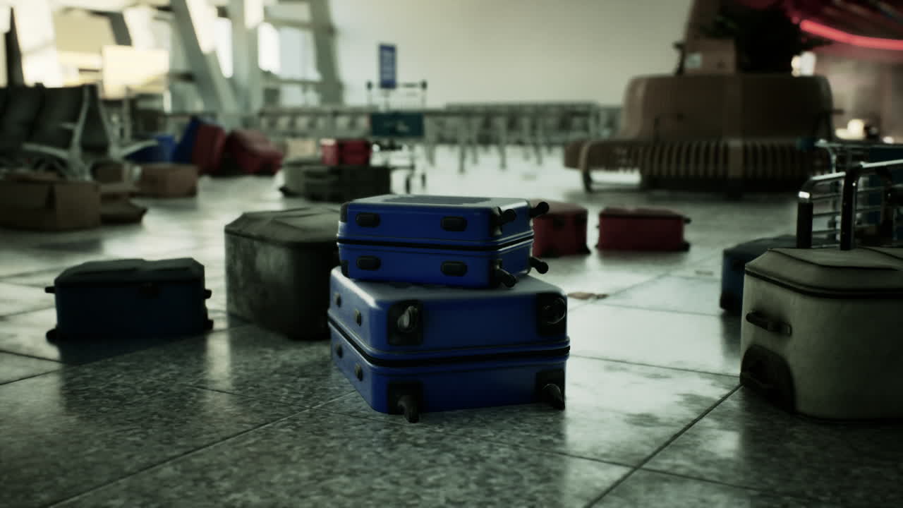 Abandoned airport terminal with scattered luggage and decaying infrastructure