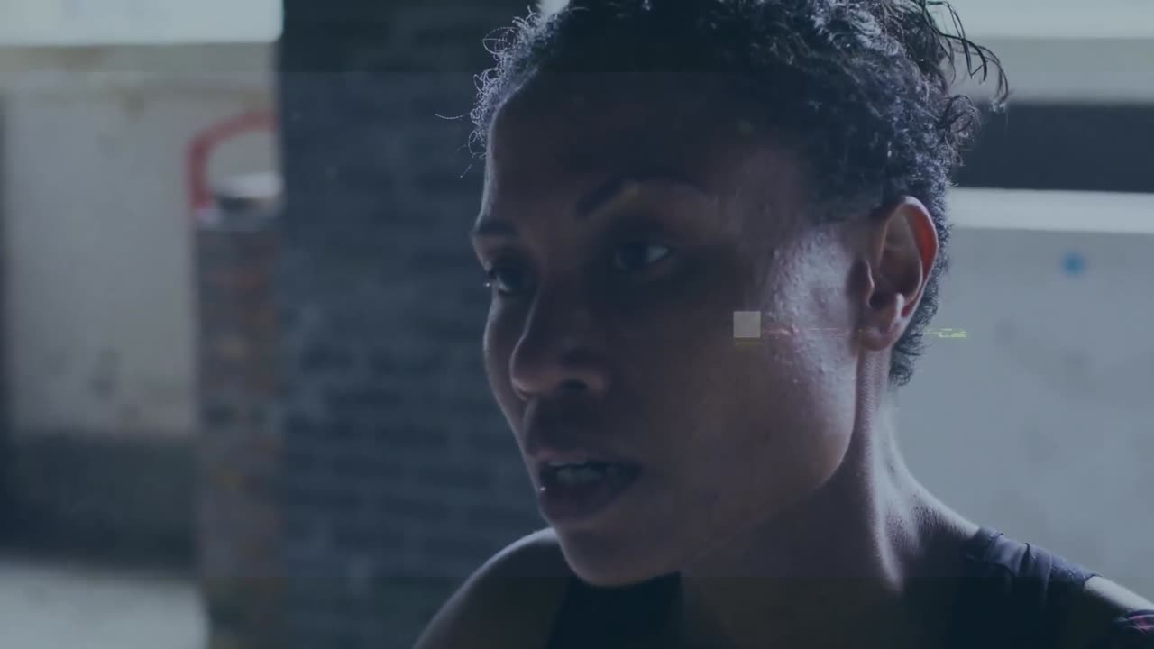 Animation of data processing over training african american female athlete at rest