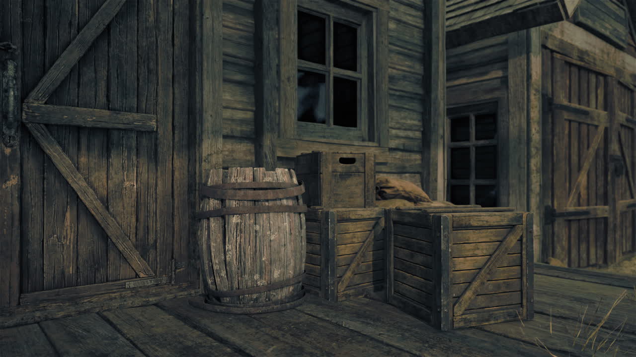 edificio de madera rústico con puertas, barriles y cajas