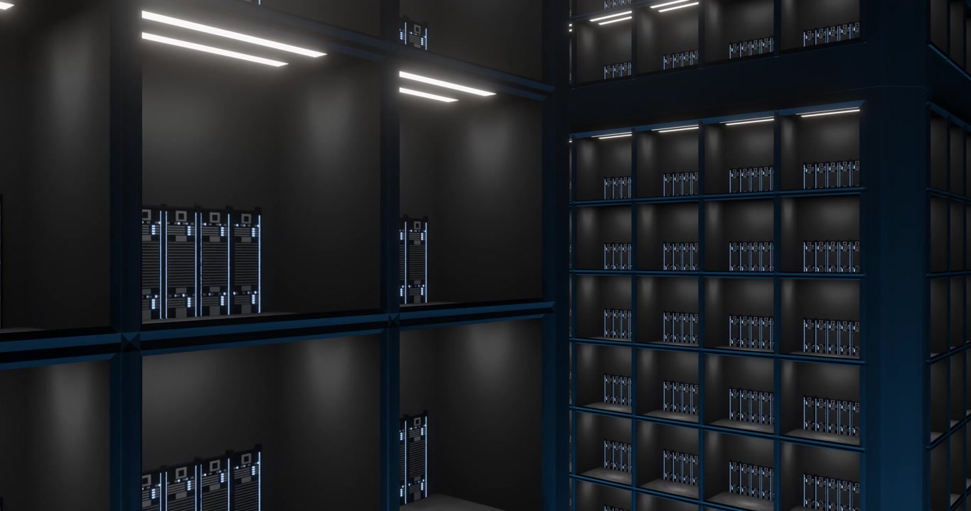 server racks being animated in data center scene, showing LED modules on transparent background