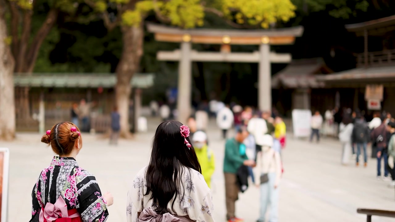 Due donne che indossano kimono tradizionali giapponesi stanno davanti al cancello torii del Santuario Meiji Jingu.